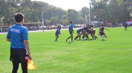 Pertandingan fase grup Cabor Rugby di Lapang SOR Merdeka Kerkhof Garut.  (Foto: Redaksi)